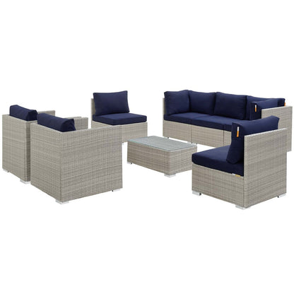 Repose 8 Piece Outdoor Patio Sunbrella® Sectional Set, Sunbrella Rattan Wicker, Navy Blue Light Gray 14015