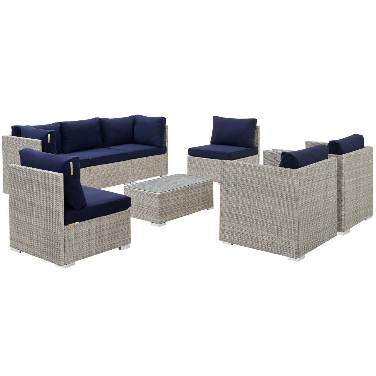 Repose 8 Piece Outdoor Patio Sunbrella® Sectional Set, Sunbrella Rattan Wicker, Navy Blue Light Gray 14015