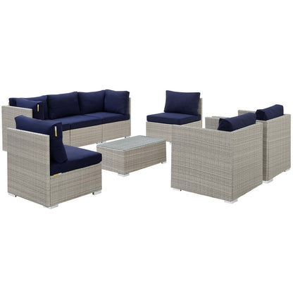 Repose 8 Piece Outdoor Patio Sunbrella® Sectional Set, Sunbrella Rattan Wicker, Navy Blue Light Gray 14015