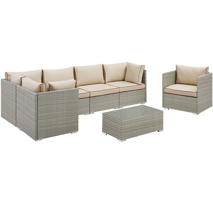 Repose 7 Piece Outdoor Patio Sectional Set, Sunbrella Rattan Wicker, Light Gray Beige 14016