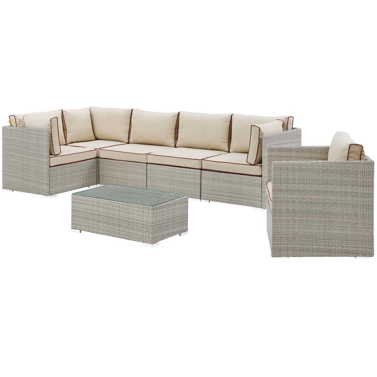 Repose 7 Piece Outdoor Patio Sectional Set, Sunbrella Rattan Wicker, Light Gray Beige 14016