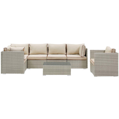Repose 7 Piece Outdoor Patio Sectional Set, Sunbrella Rattan Wicker, Light Gray Beige 14016