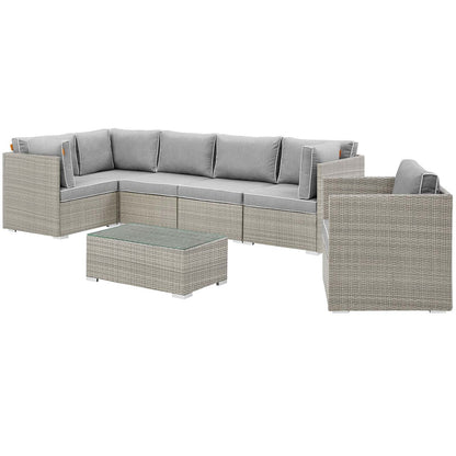 Repose 7 Piece Outdoor Patio Sectional Set, Sunbrella Rattan Wicker, Grey Gray 14018
