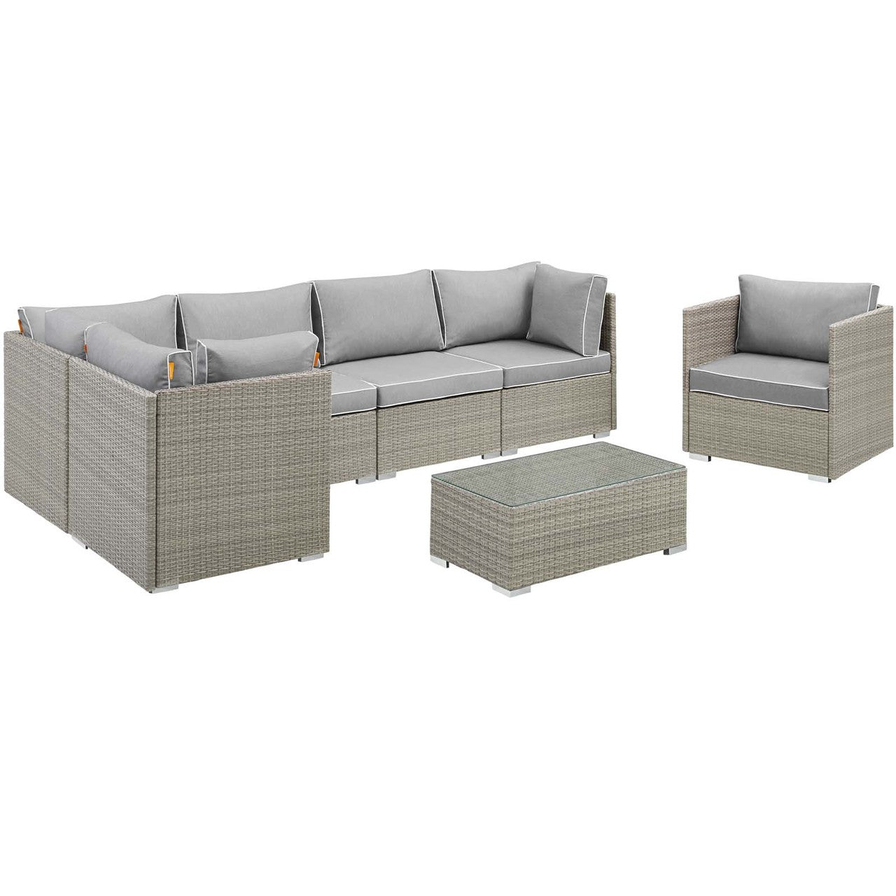 Repose 7 Piece Outdoor Patio Sectional Set, Sunbrella Rattan Wicker, Grey Gray 14018
