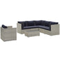 Repose 7 Piece Outdoor Patio Sectional Set, Sunbrella Rattan Wicker, Navy Blue Light Gray 14019