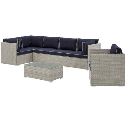 Repose 7 Piece Outdoor Patio Sectional Set, Sunbrella Rattan Wicker, Navy Blue Light Gray 14019