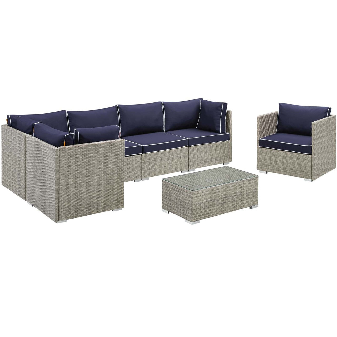 Repose 7 Piece Outdoor Patio Sectional Set, Sunbrella Rattan Wicker, Navy Blue Light Gray 14019