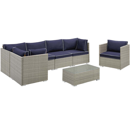 Repose 7 Piece Outdoor Patio Sectional Set, Sunbrella Rattan Wicker, Navy Blue Light Gray 14019
