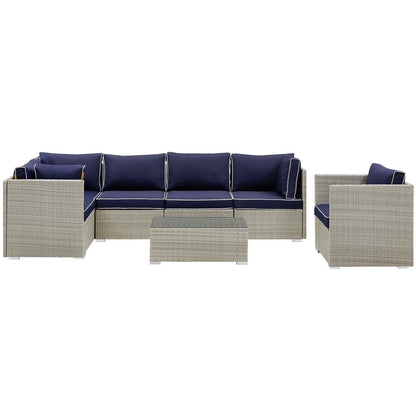 Repose 7 Piece Outdoor Patio Sectional Set, Sunbrella Rattan Wicker, Navy Blue Light Gray 14019