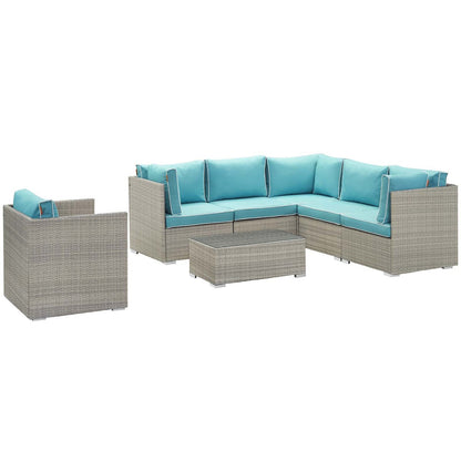 Repose 7 Piece Outdoor Patio Sectional Set, Sunbrella Rattan Wicker, Blue Light Gray 14020