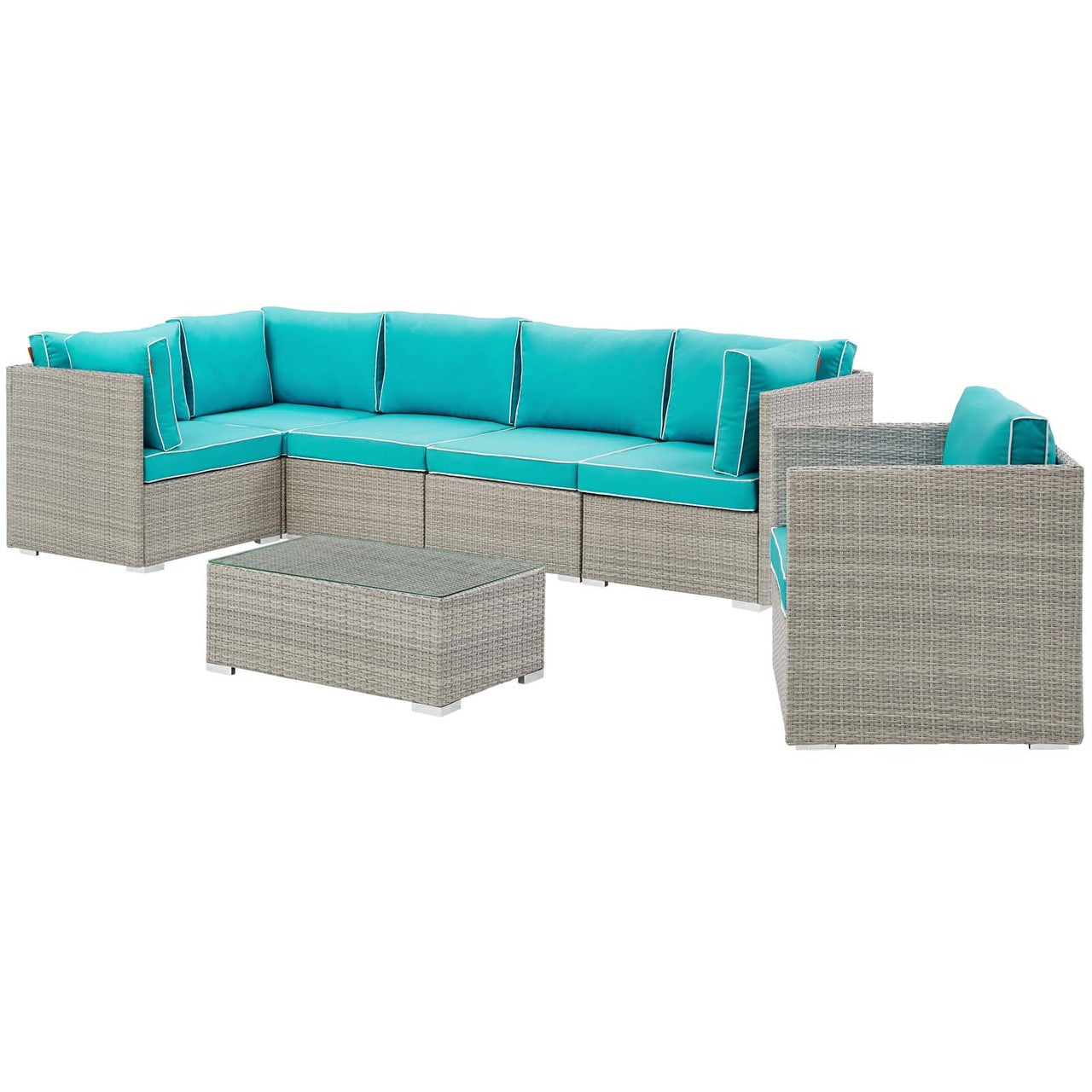 Repose 7 Piece Outdoor Patio Sectional Set, Sunbrella Rattan Wicker, Blue Light Gray 14020