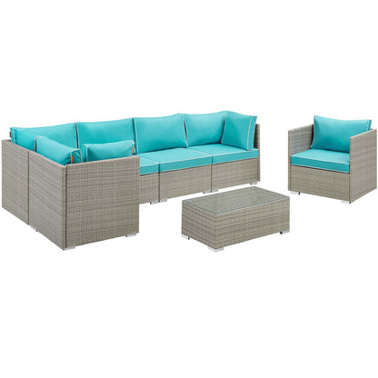 Repose 7 Piece Outdoor Patio Sectional Set, Sunbrella Rattan Wicker, Blue Light Gray 14020