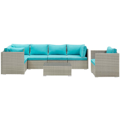 Repose 7 Piece Outdoor Patio Sectional Set, Sunbrella Rattan Wicker, Blue Light Gray 14020