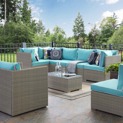 Repose 7 Piece Outdoor Patio Sectional Set, Sunbrella Rattan Wicker, Blue Light Gray 14020