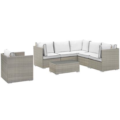 Repose 7 Piece Outdoor Patio Sectional Set, Sunbrella Rattan Wicker, White Light Gray 14021