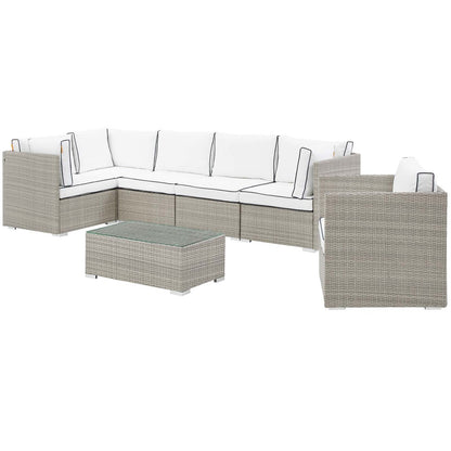 Repose 7 Piece Outdoor Patio Sectional Set, Sunbrella Rattan Wicker, White Light Gray 14021