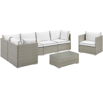 Repose 7 Piece Outdoor Patio Sectional Set, Sunbrella Rattan Wicker, White Light Gray 14021