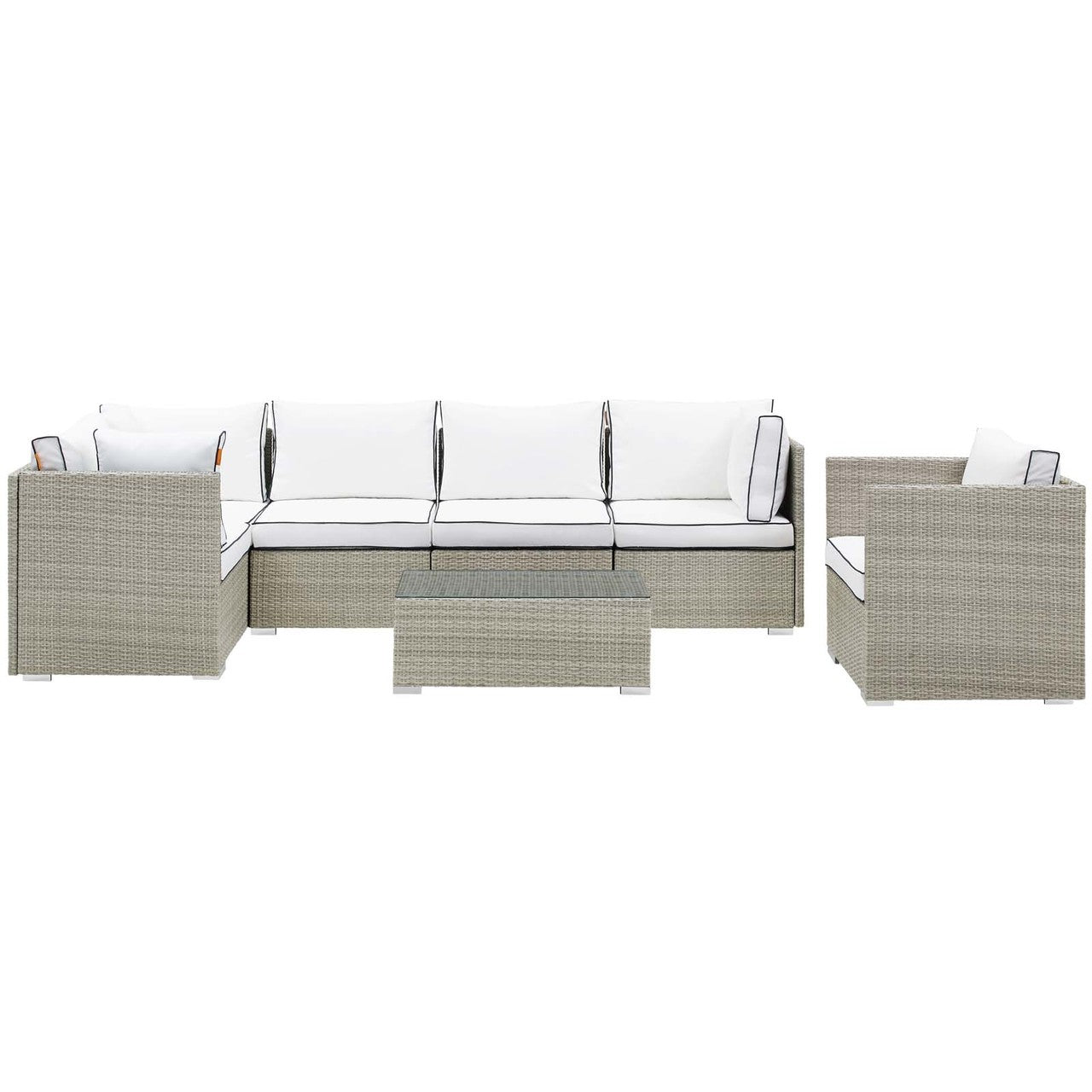 Repose 7 Piece Outdoor Patio Sectional Set, Sunbrella Rattan Wicker, White Light Gray 14021