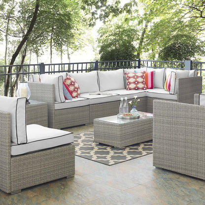 Repose 7 Piece Outdoor Patio Sectional Set, Sunbrella Rattan Wicker, White Light Gray 14021