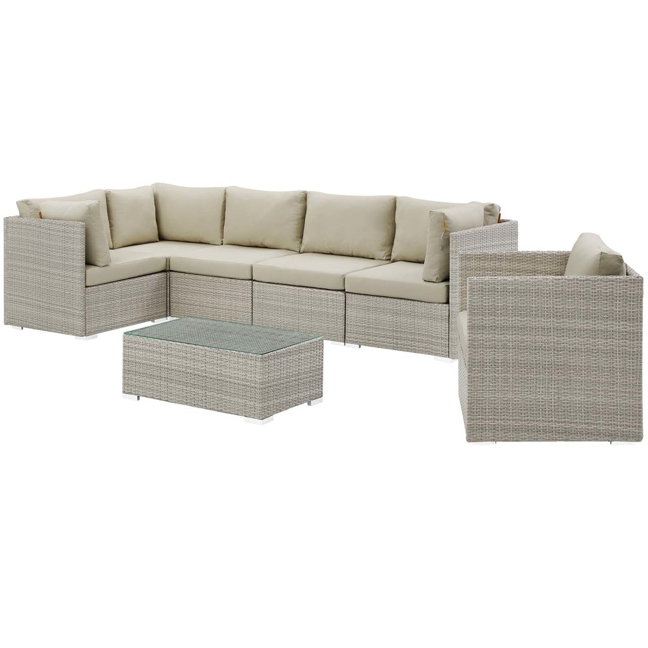 Repose 7 Piece Outdoor Patio Sunbrella® Sectional Set, Sunbrella Rattan Wicker, Light Gray Beige 14022
