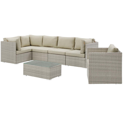 Repose 7 Piece Outdoor Patio Sunbrella® Sectional Set, Sunbrella Rattan Wicker, Light Gray Beige 14022
