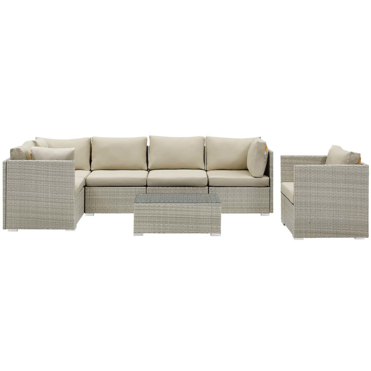 Repose 7 Piece Outdoor Patio Sunbrella® Sectional Set, Sunbrella Rattan Wicker, Light Gray Beige 14022