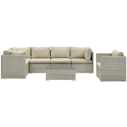 Repose 7 Piece Outdoor Patio Sunbrella® Sectional Set, Sunbrella Rattan Wicker, Light Gray Beige 14022
