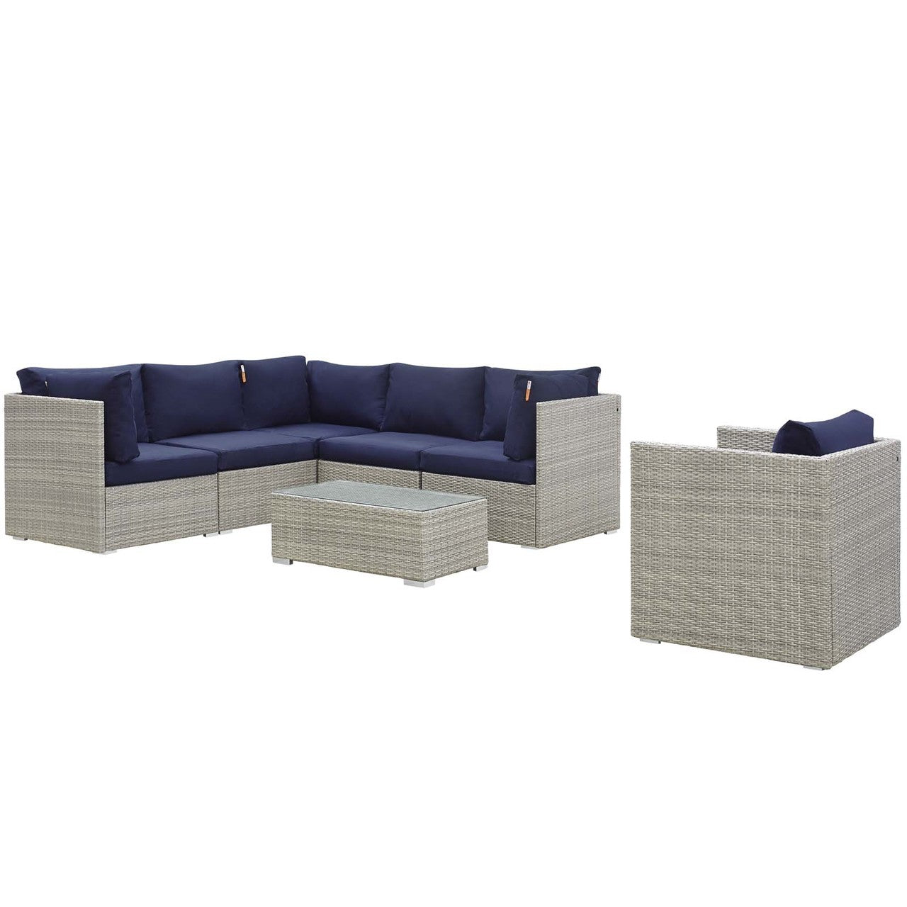 Repose 7 Piece Outdoor Patio Sunbrella® Sectional Set, Sunbrella Rattan Wicker, Navy Blue Light Gray 14023