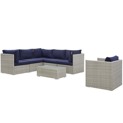 Repose 7 Piece Outdoor Patio Sunbrella® Sectional Set, Sunbrella Rattan Wicker, Navy Blue Light Gray 14023