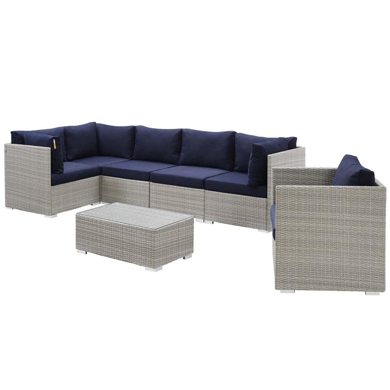 Repose 7 Piece Outdoor Patio Sunbrella® Sectional Set, Sunbrella Rattan Wicker, Navy Blue Light Gray 14023