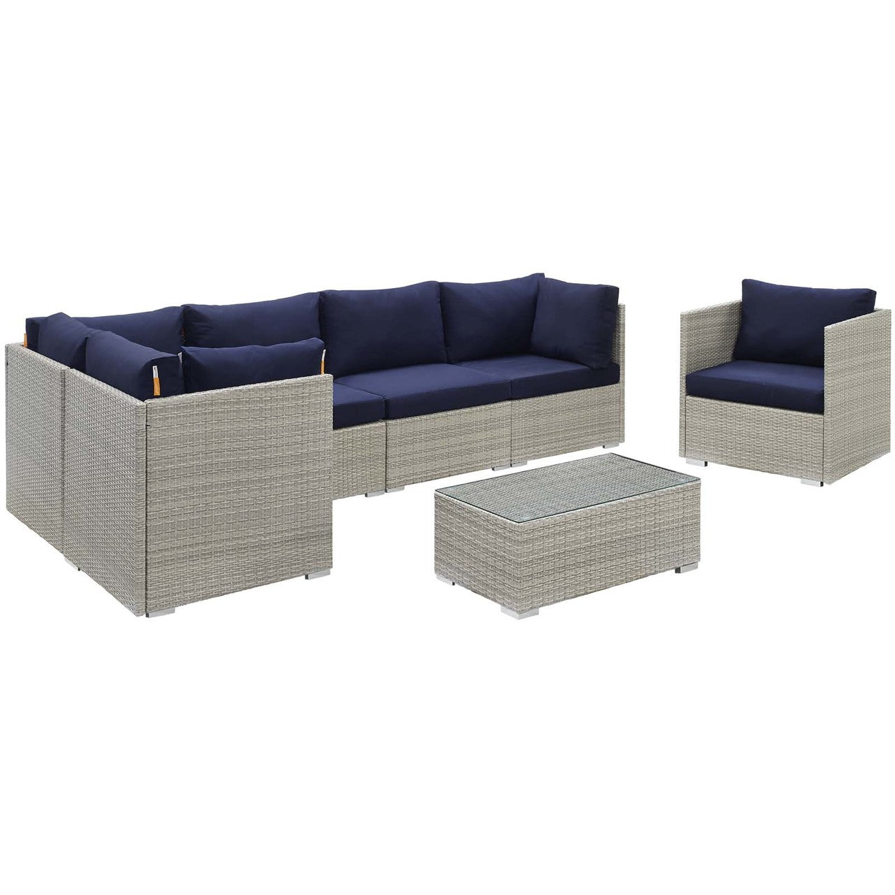 Repose 7 Piece Outdoor Patio Sunbrella® Sectional Set, Sunbrella Rattan Wicker, Navy Blue Light Gray 14023