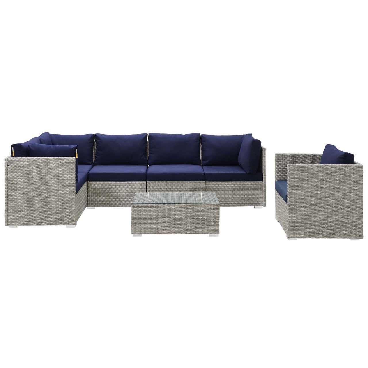 Repose 7 Piece Outdoor Patio Sunbrella® Sectional Set, Sunbrella Rattan Wicker, Navy Blue Light Gray 14023
