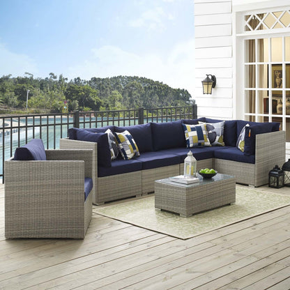 Repose 7 Piece Outdoor Patio Sunbrella® Sectional Set, Sunbrella Rattan Wicker, Navy Blue Light Gray 14023