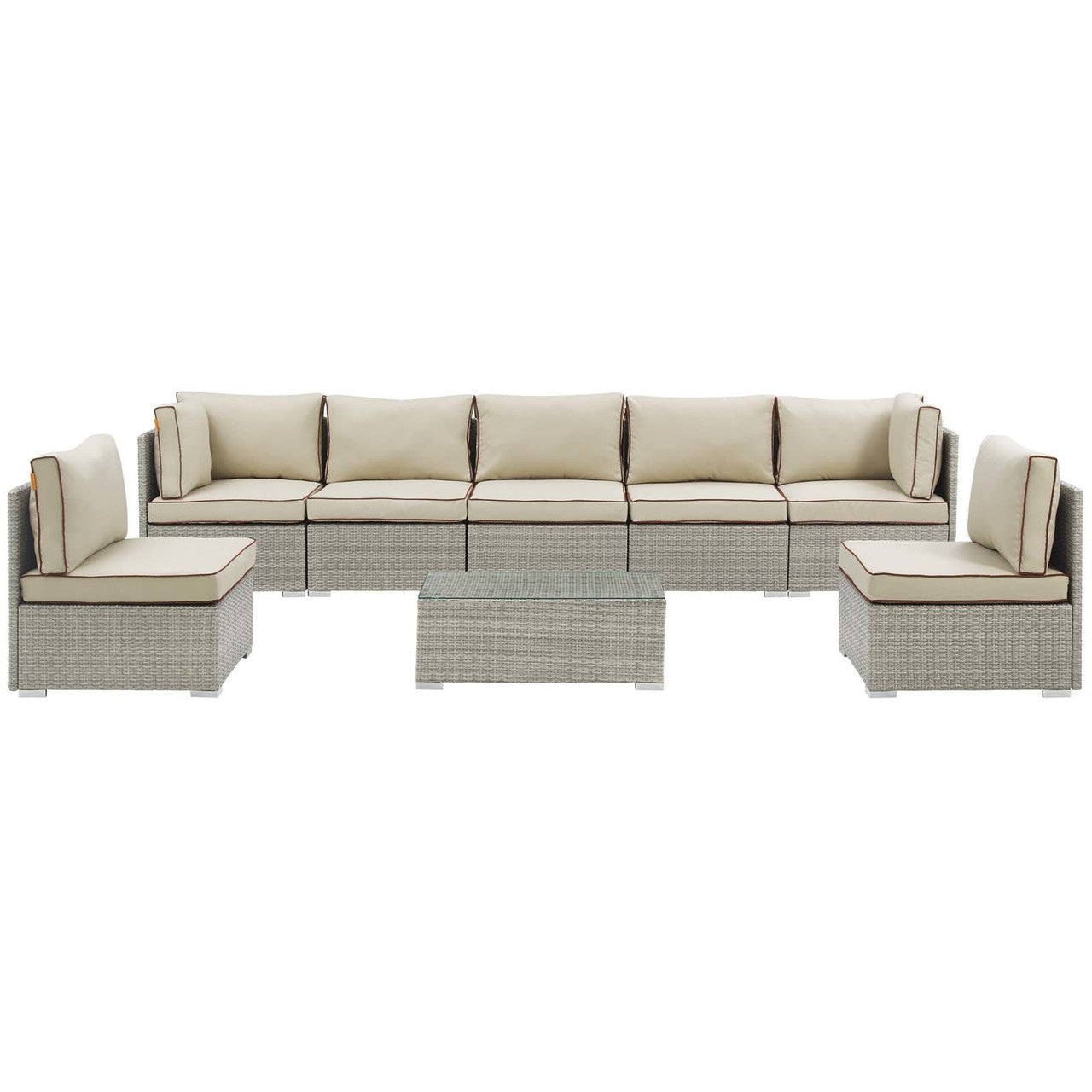 Repose 8 Piece Outdoor Patio Sectional Set, Sunbrella Rattan Wicker, Light Gray Beige 14024