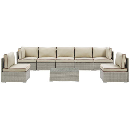 Repose 8 Piece Outdoor Patio Sectional Set, Sunbrella Rattan Wicker, Light Gray Beige 14024