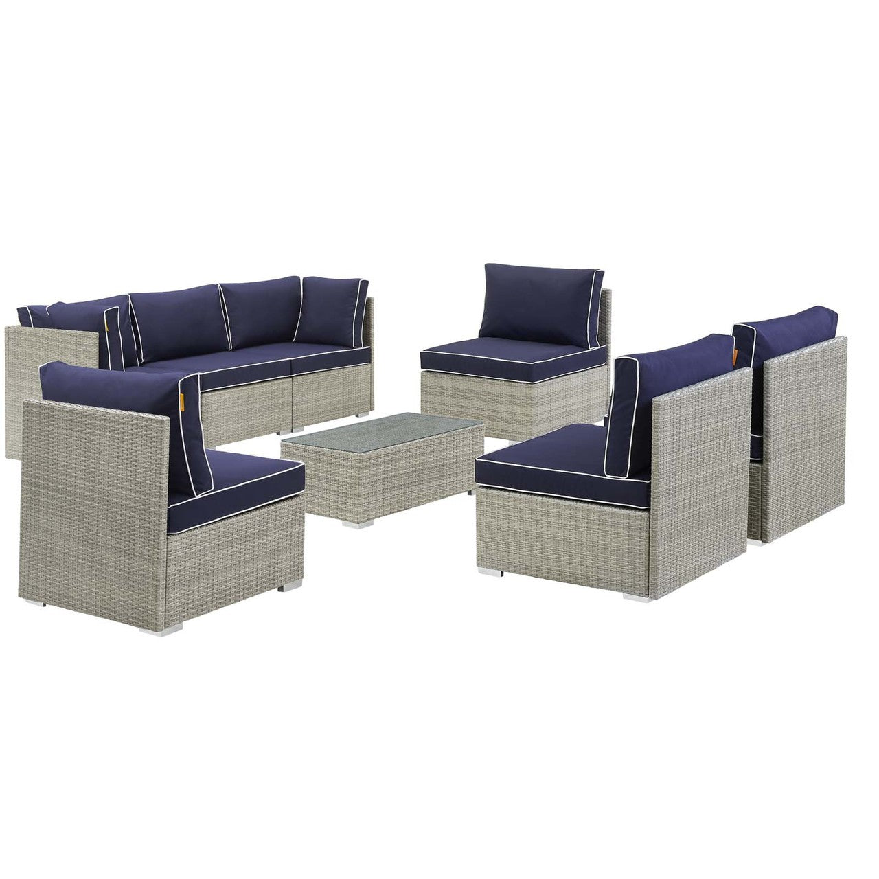Repose 8 Piece Outdoor Patio Sectional Set, Sunbrella Rattan Wicker, Navy Blue Light Gray 14027