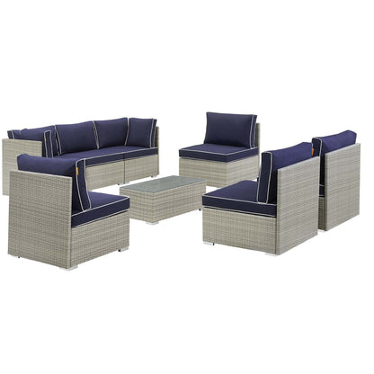 Repose 8 Piece Outdoor Patio Sectional Set, Sunbrella Rattan Wicker, Navy Blue Light Gray 14027