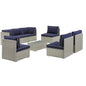 Repose 8 Piece Outdoor Patio Sectional Set, Sunbrella Rattan Wicker, Navy Blue Light Gray 14027