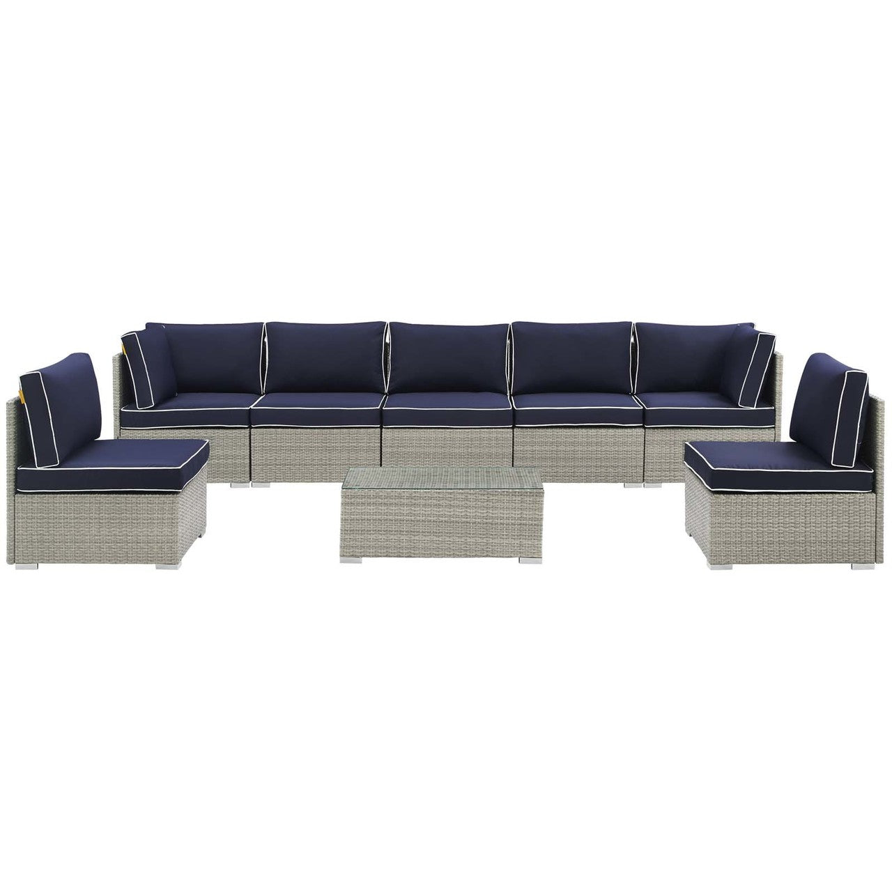 Repose 8 Piece Outdoor Patio Sectional Set, Sunbrella Rattan Wicker, Navy Blue Light Gray 14027