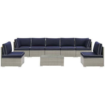 Repose 8 Piece Outdoor Patio Sectional Set, Sunbrella Rattan Wicker, Navy Blue Light Gray 14027