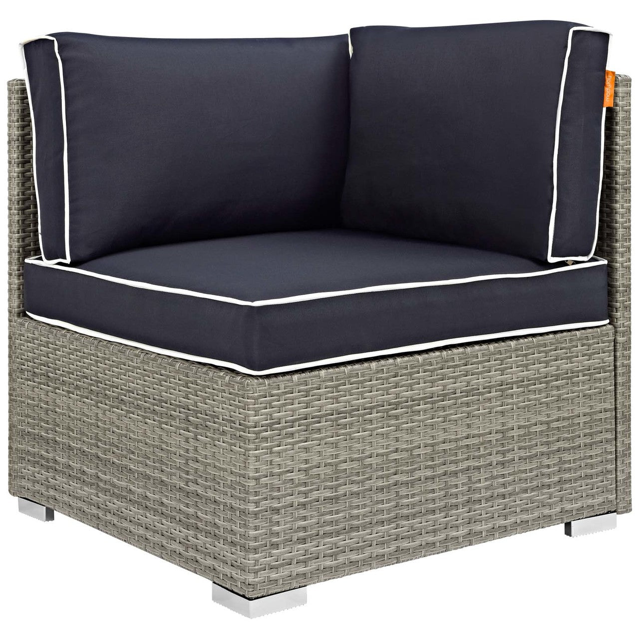 Repose 8 Piece Outdoor Patio Sectional Set, Sunbrella Rattan Wicker, Navy Blue Light Gray 14027