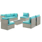 Repose 8 Piece Outdoor Patio Sectional Set, Sunbrella Rattan Wicker, Blue Light Gray 14028