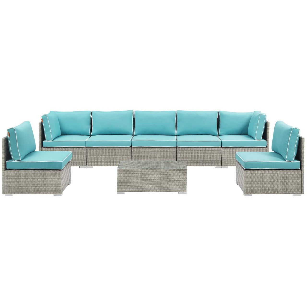 Repose 8 Piece Outdoor Patio Sectional Set, Sunbrella Rattan Wicker, Blue Light Gray 14028