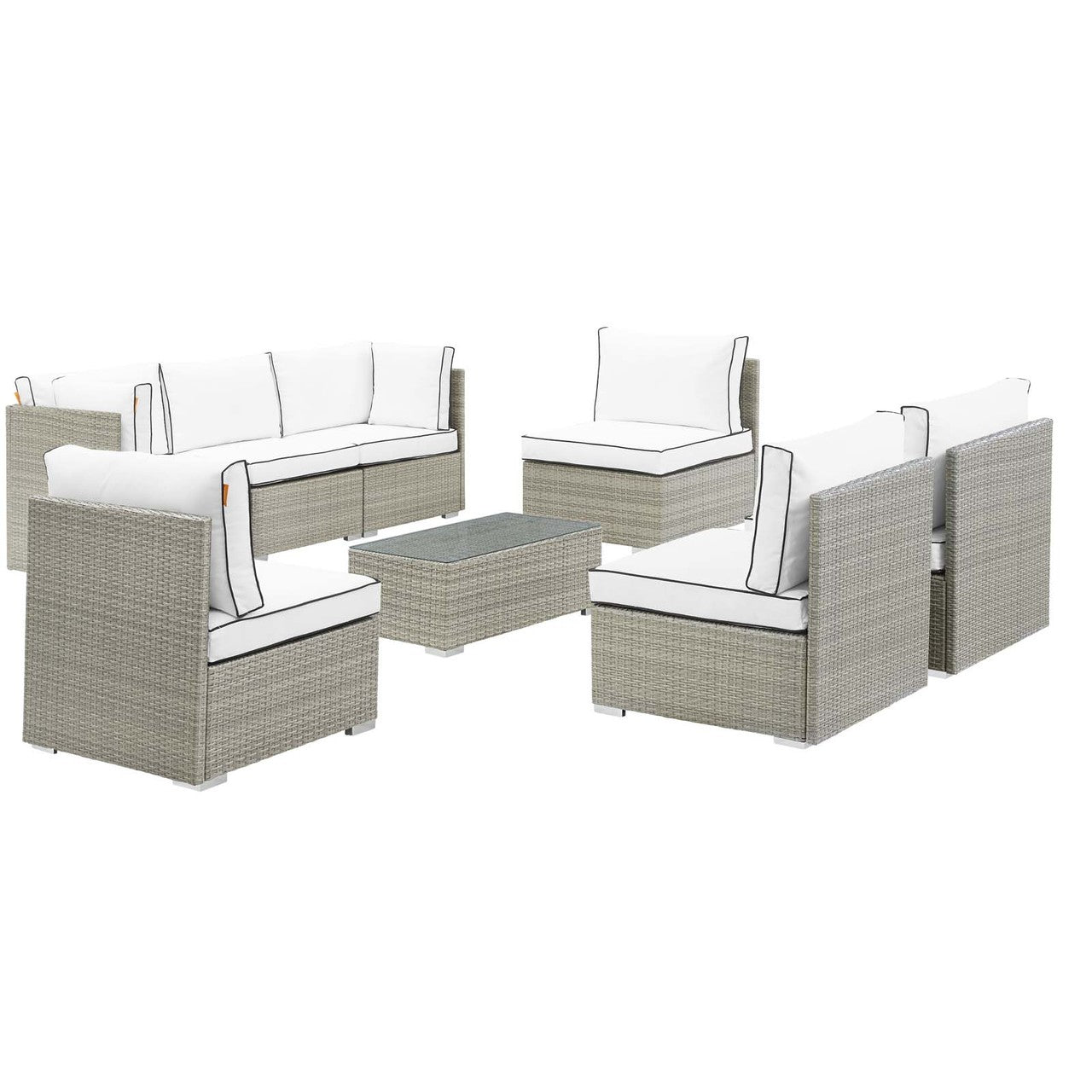 Repose 8 Piece Outdoor Patio Sectional Set, Sunbrella Rattan Wicker, White Light Gray 14029