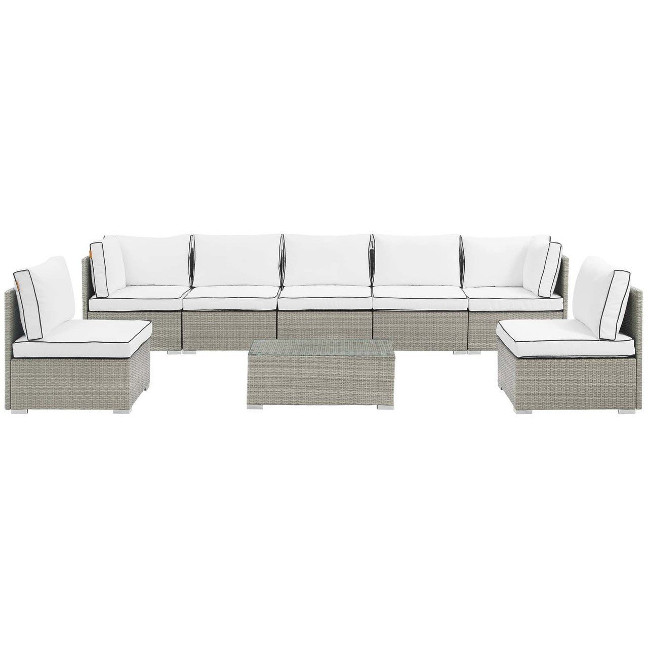 Repose 8 Piece Outdoor Patio Sectional Set, Sunbrella Rattan Wicker, White Light Gray 14029