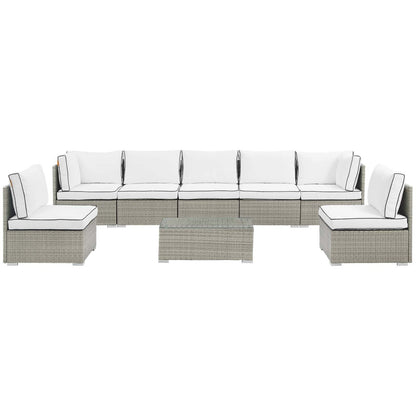 Repose 8 Piece Outdoor Patio Sectional Set, Sunbrella Rattan Wicker, White Light Gray 14029