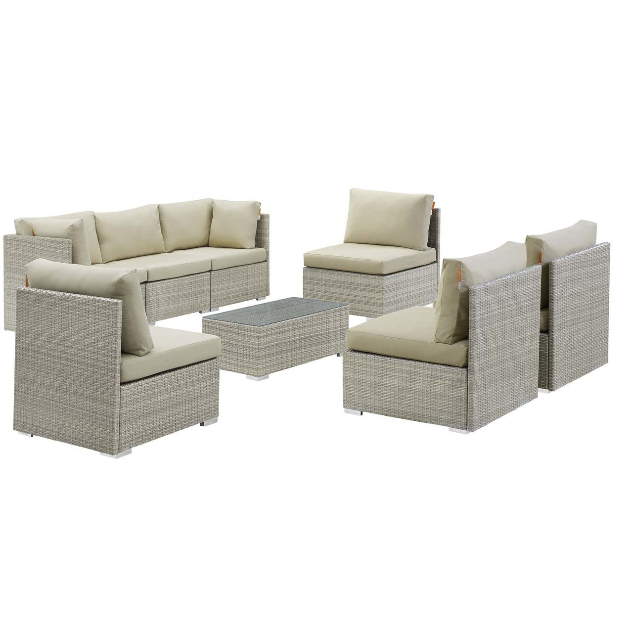 Repose 8 Piece Outdoor Patio Sunbrella® Sectional Set, Sunbrella Rattan Wicker, Light Gray Beige 14030