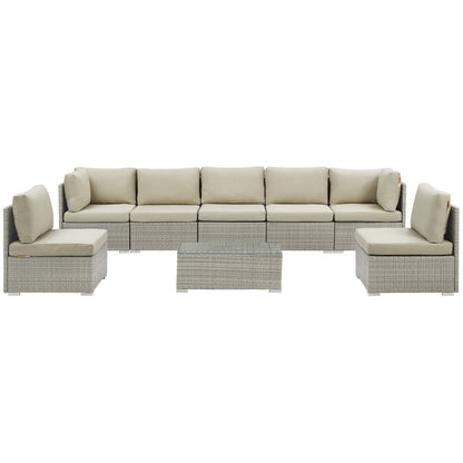 Repose 8 Piece Outdoor Patio Sunbrella® Sectional Set, Sunbrella Rattan Wicker, Light Gray Beige 14030