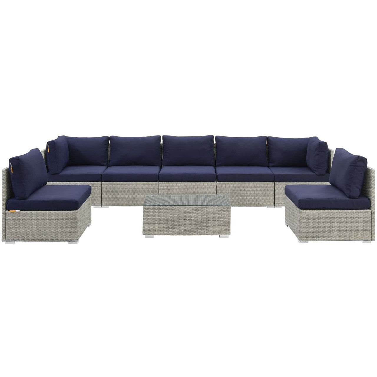 Repose 8 Piece Outdoor Patio Sunbrella® Sectional Set, Sunbrella Rattan Wicker, Navy Blue Light Gray 14031