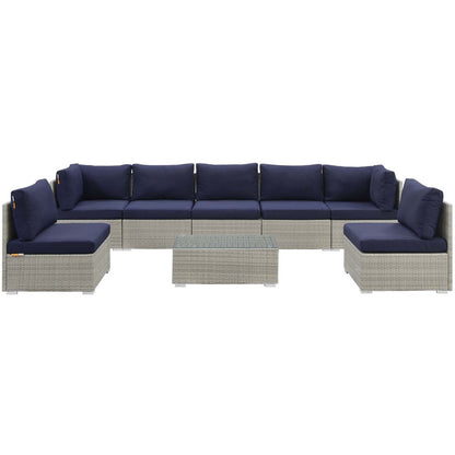 Repose 8 Piece Outdoor Patio Sunbrella® Sectional Set, Sunbrella Rattan Wicker, Navy Blue Light Gray 14031